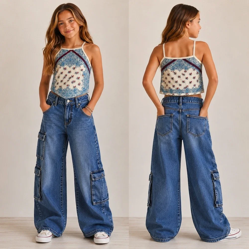 Rock & Roll Denim Top + Art Class Cargo Jeans Girls XS/10 Y2K Western Set